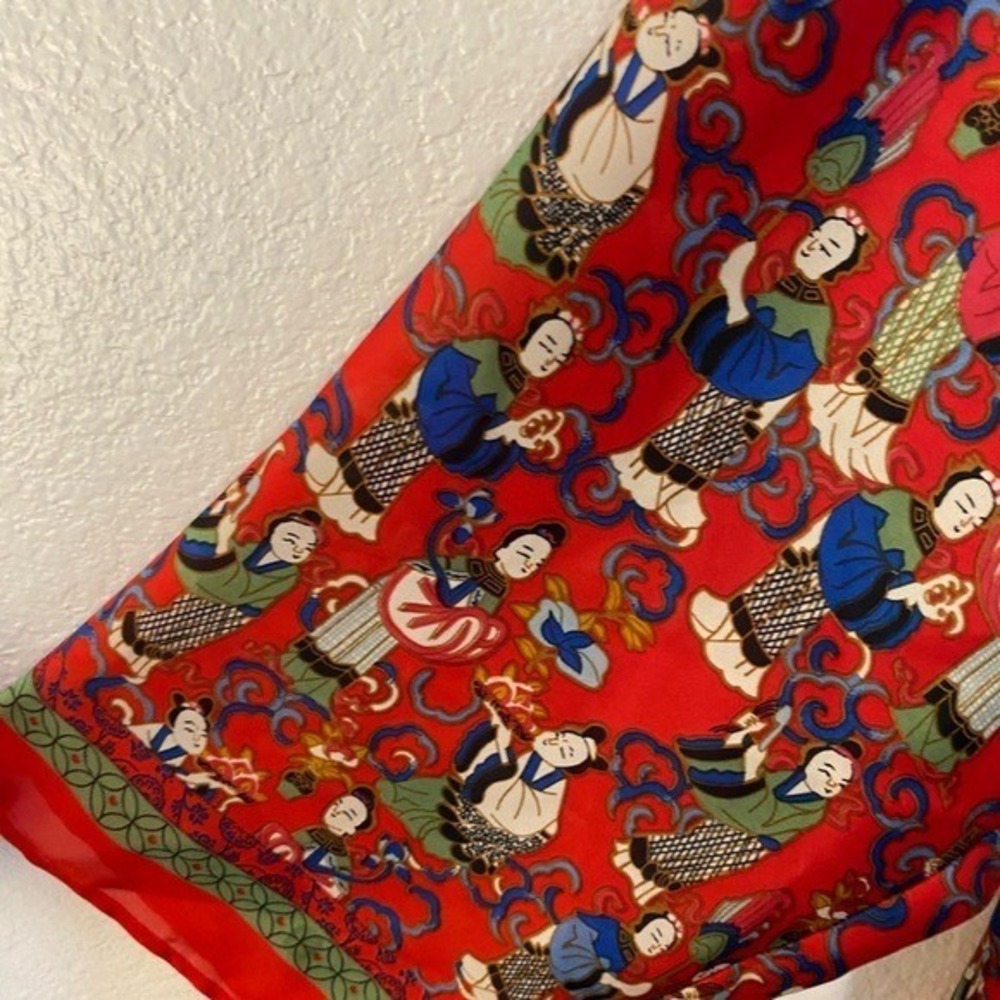 Josie Natori Red Asian Novelty Print Button Down Blouse Top SZ S - Picture 8 of 9
